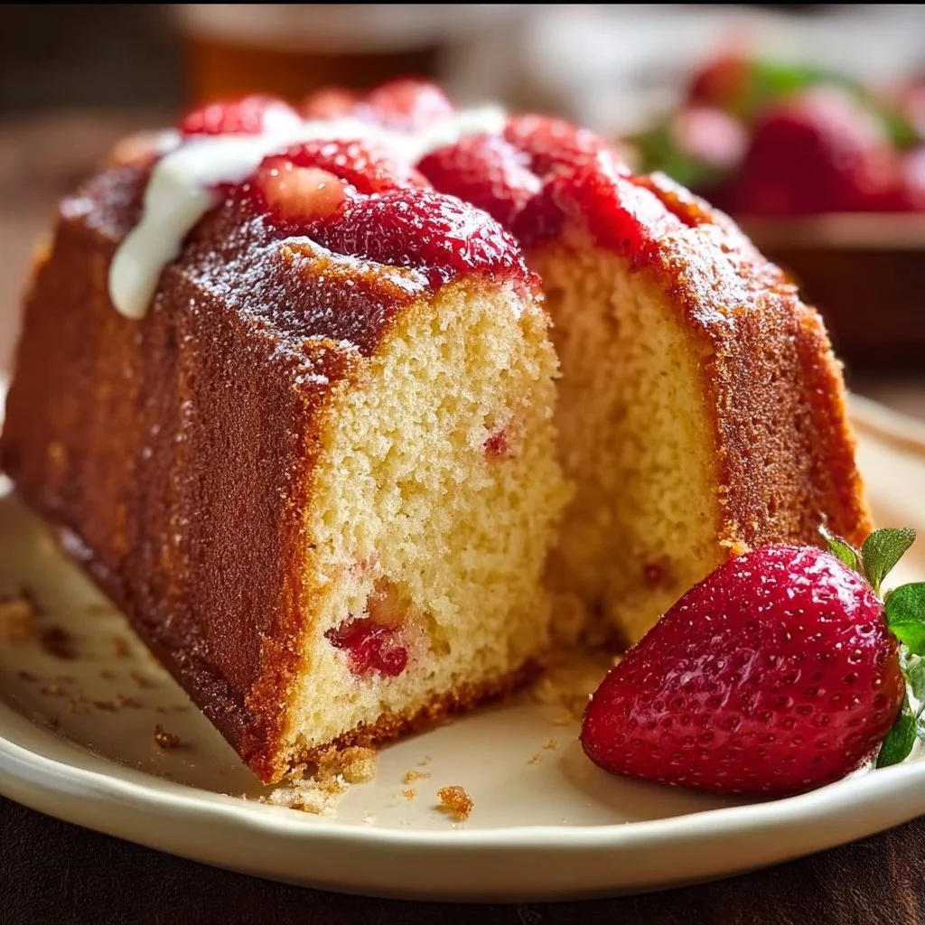 Slice of homemade strawberry pound cake topped with fresh strawberries and cream