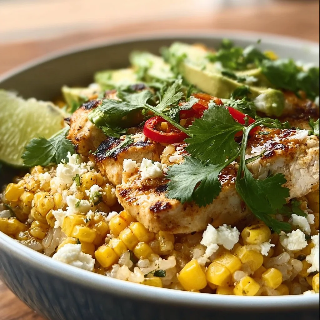 A delicious Street Corn Chicken Bowl featuring grilled chicken, corn, and fresh toppings