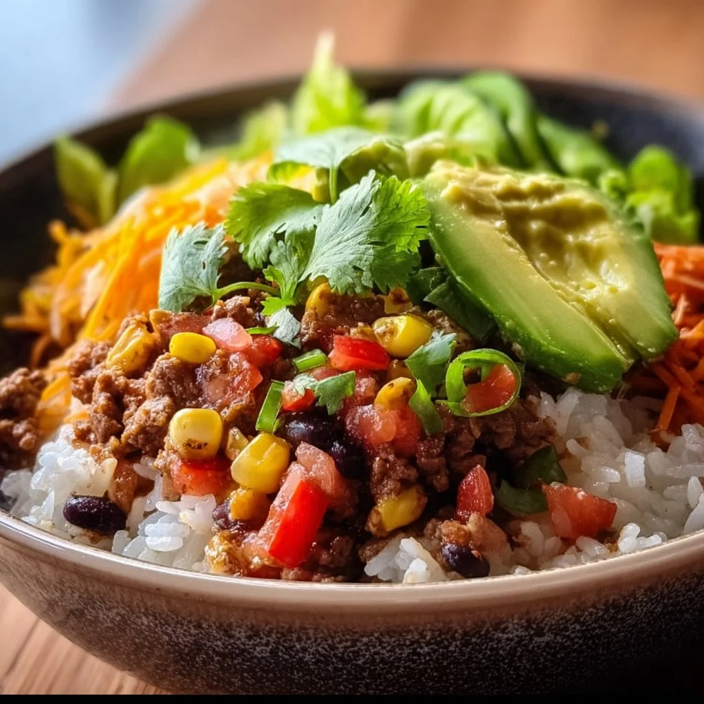 Colorful Taco Rice Bowl filled with beef, veggies, and spices for a delightful meal.