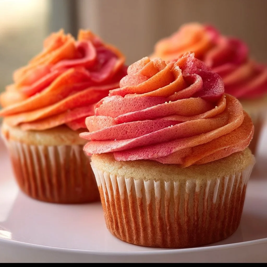 Tequila Sunrise Cupcakes topped with vibrant orange and red icing