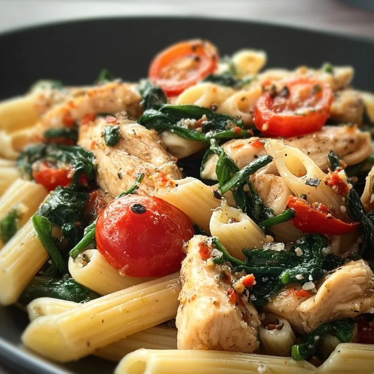 A delicious plate of Tomato Spinach Chicken Pasta with fresh ingredients