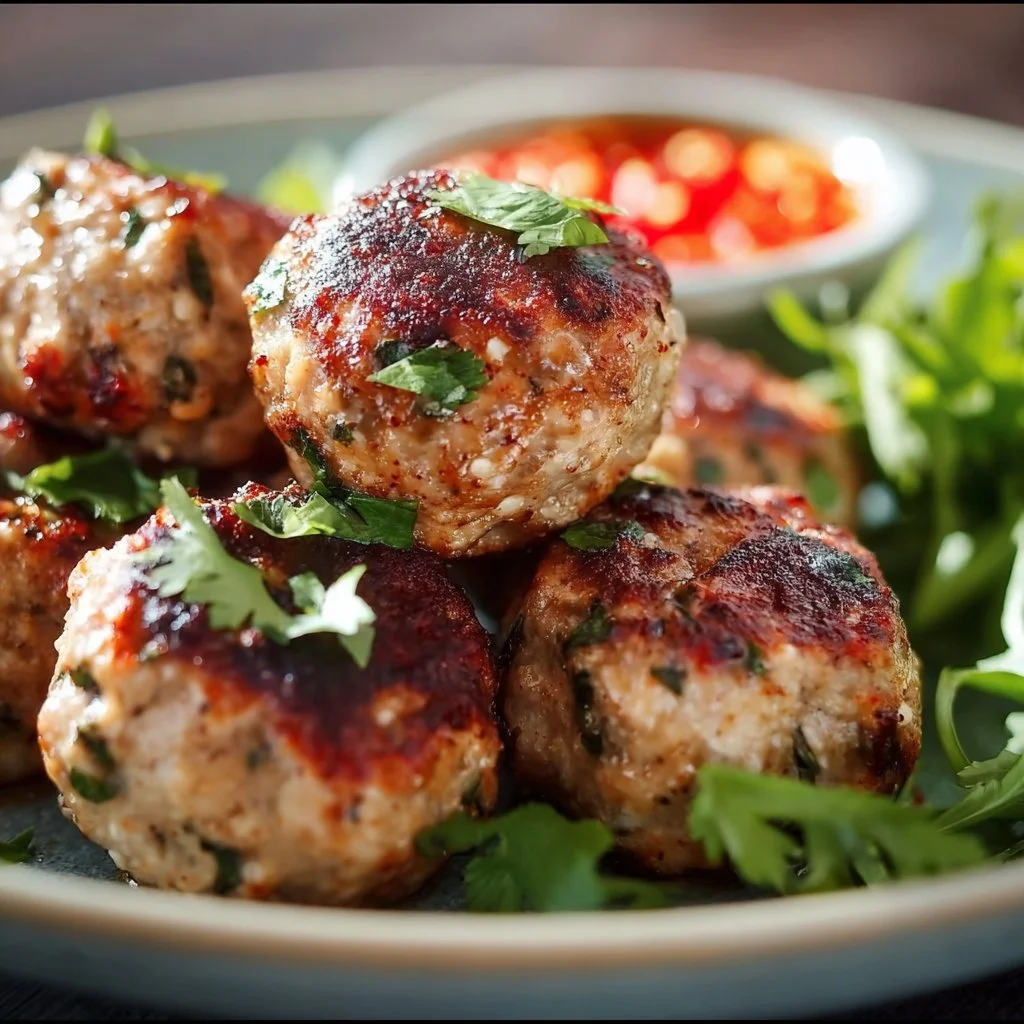 Juicy turkey meatballs served on a plate with herbs and sauce