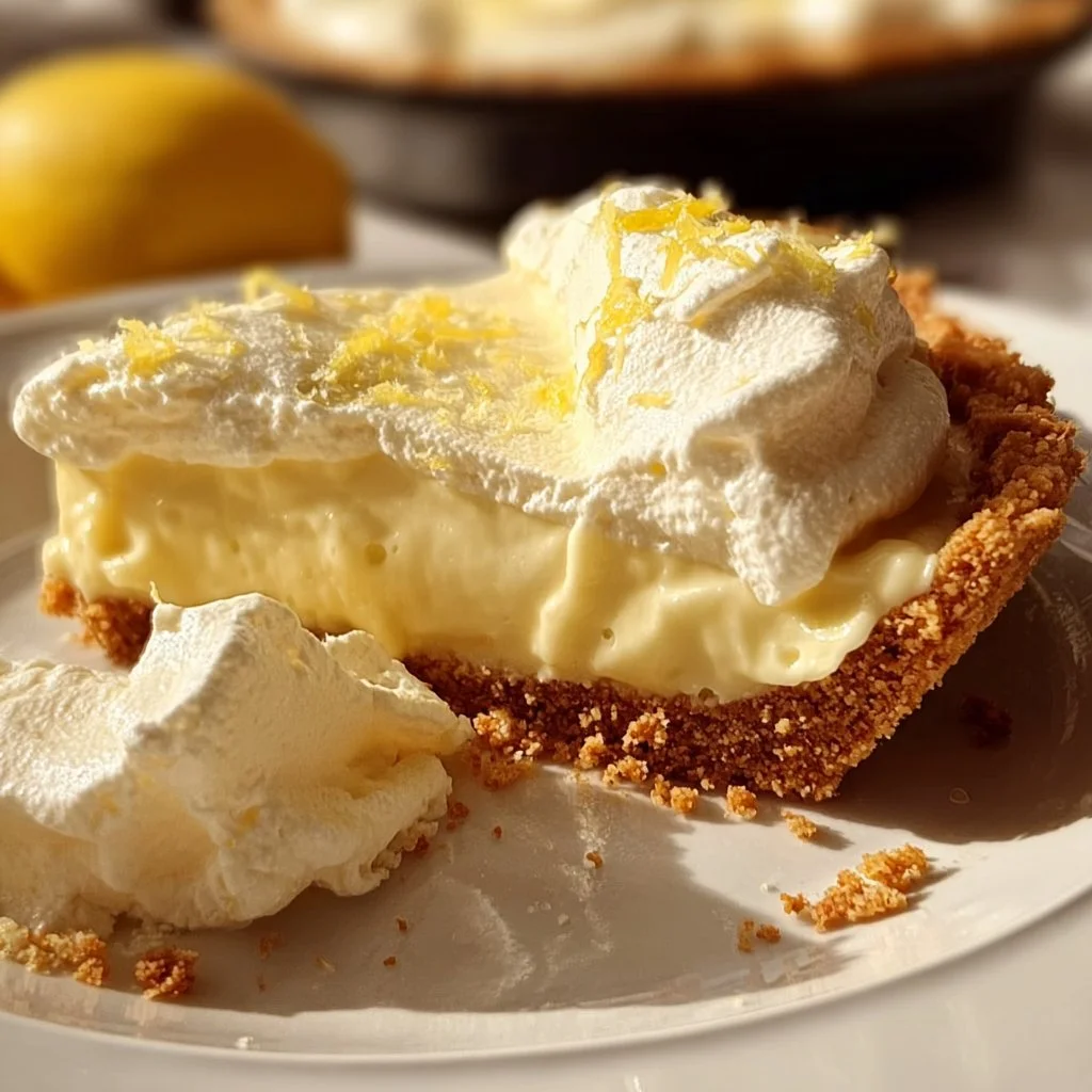 Delicious ultimate lemon cream pie topped with whipped cream and lemon zest.