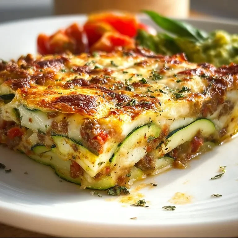 Zucchini Pizza Casserole topped with melted cheese and fresh basil