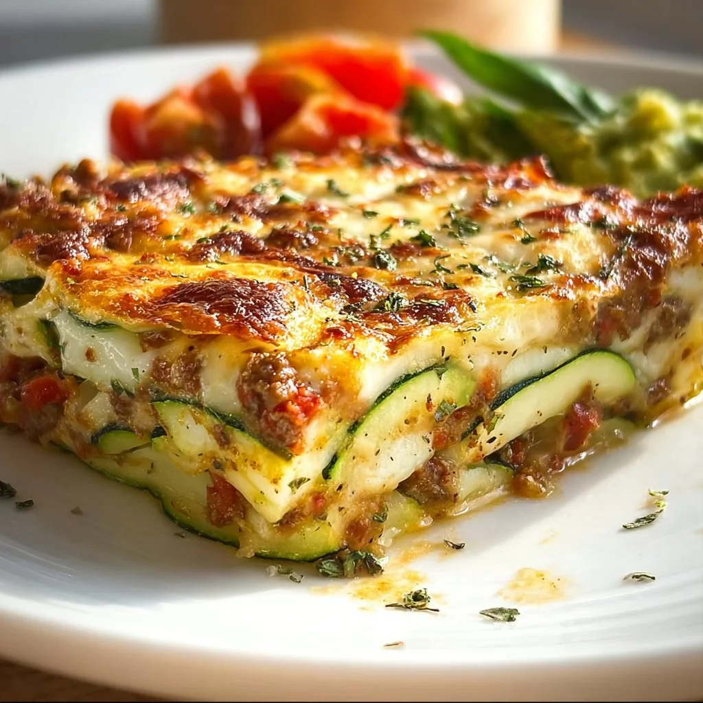 Zucchini Pizza Casserole topped with melted cheese and fresh basil