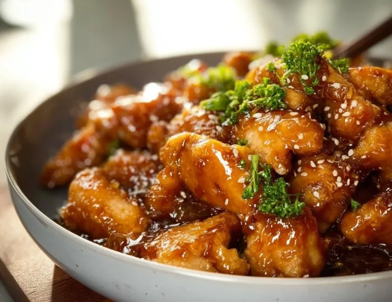Plate of healthy orange chicken garnished with green onions