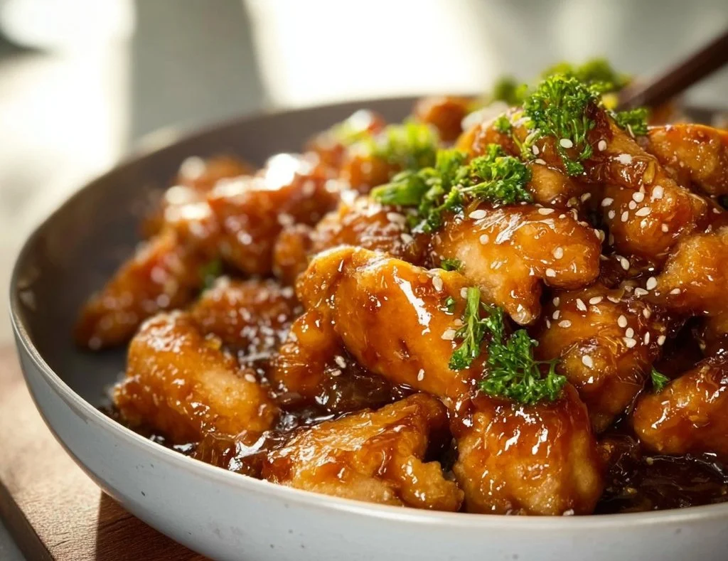 Plate of healthy orange chicken garnished with green onions