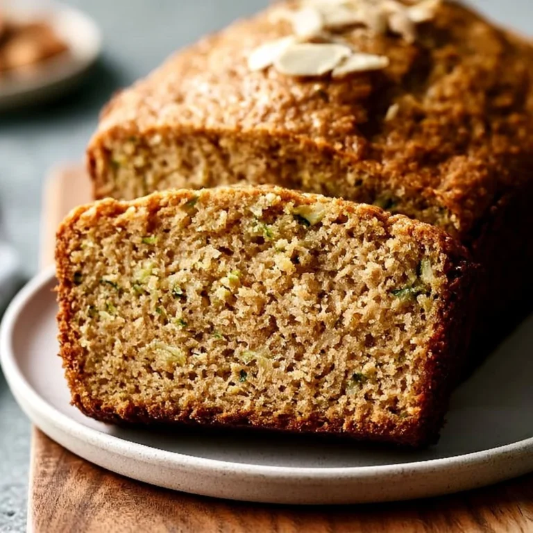 Sliced almond flour zucchini bread on a wooden cutting board.