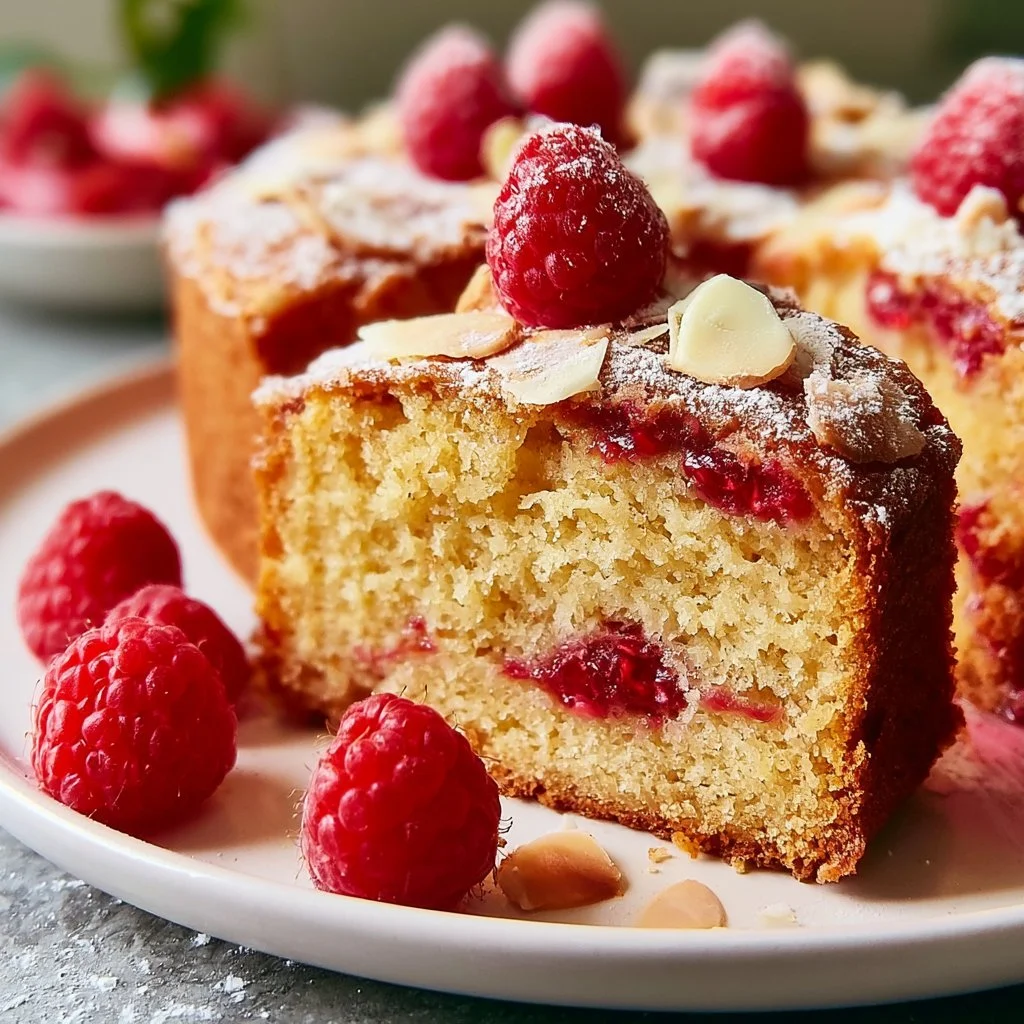 Slice of almond raspberry cake topped with fresh raspberries and almonds