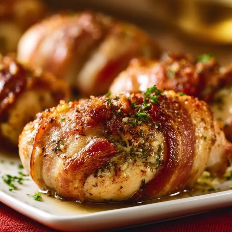 Bacon Wrapped Garlic Parmesan Chicken ready to serve