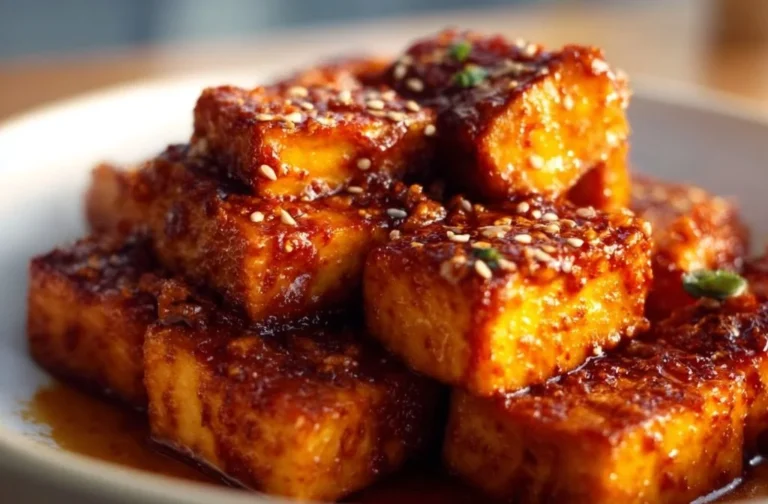 Baked Gochujang Tofu served on a plate with a garnish.
