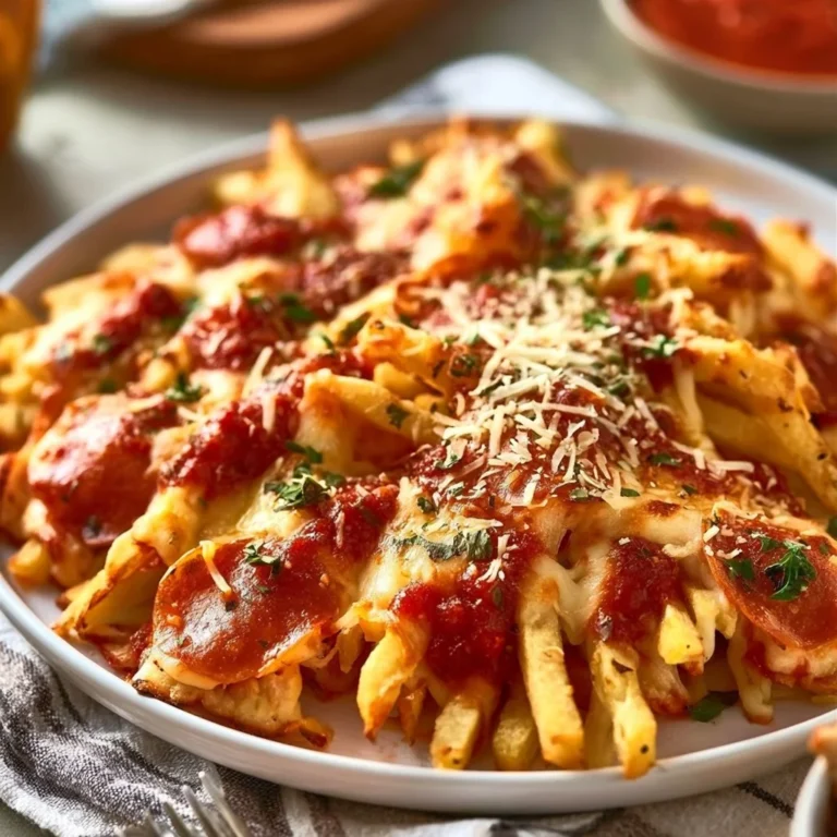 Plate of delicious baked pizza fries topped with cheese and herbs