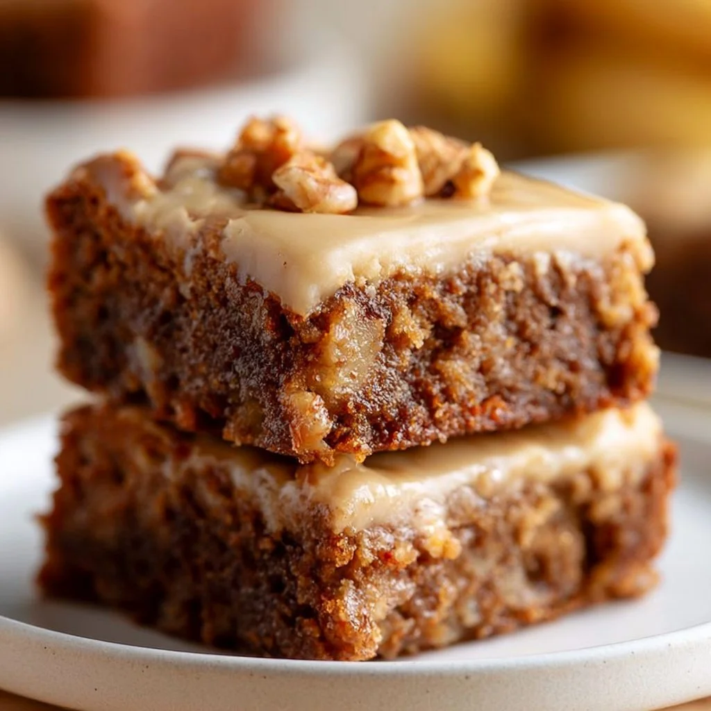 Delicious banana bread brownies served on a plate with chocolate drizzle