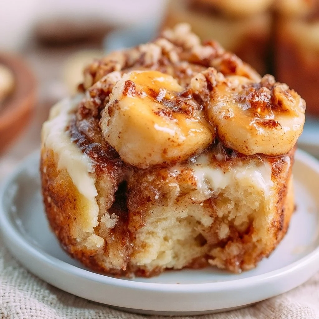 Freshly baked banana cinnamon rolls with frosting on a plate