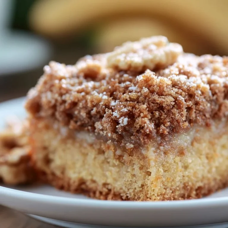 Deliciously baked Banana Crumb Cake with crumb topping on a wooden table