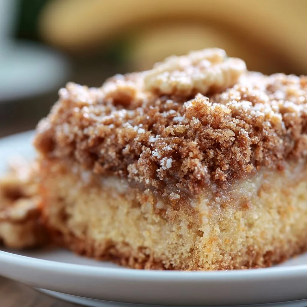 Deliciously baked Banana Crumb Cake with crumb topping on a wooden table