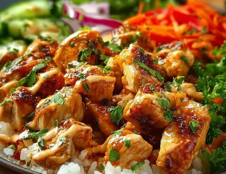 Delicious Bang Bang Chicken Bowl topped with fresh ingredients and spicy sauce