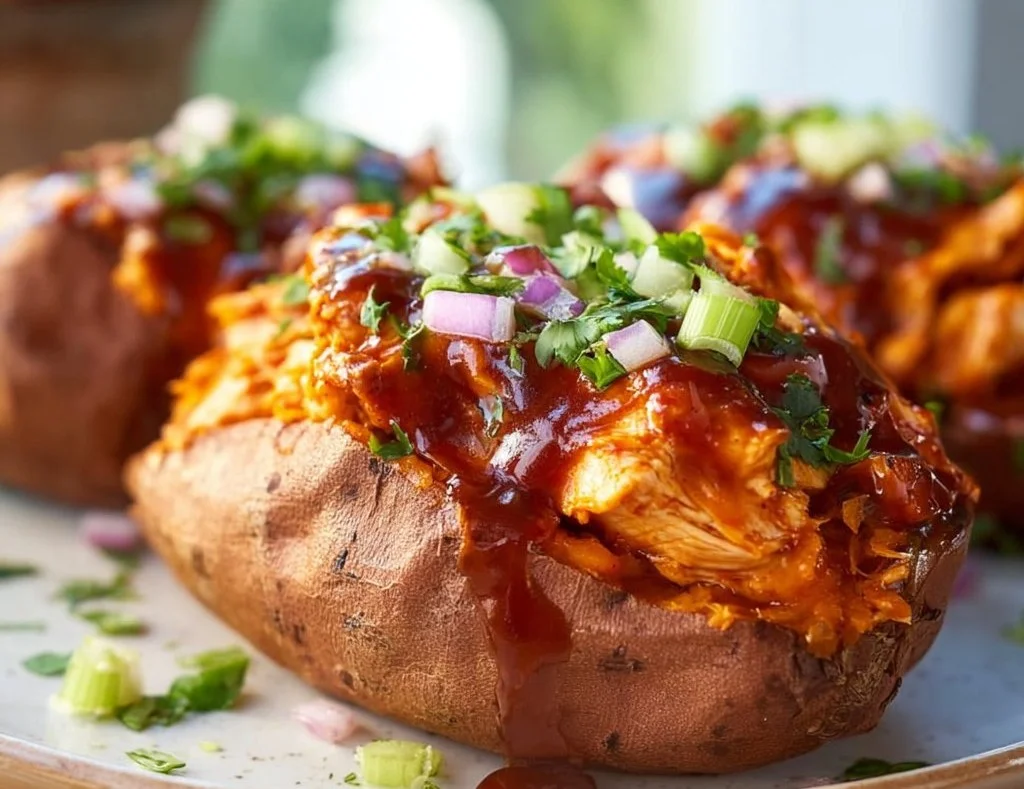 BBQ chicken stuffed sweet potatoes served on a plate.