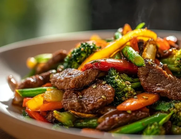 A colorful beef stir fry with mixed vegetables in a bowl