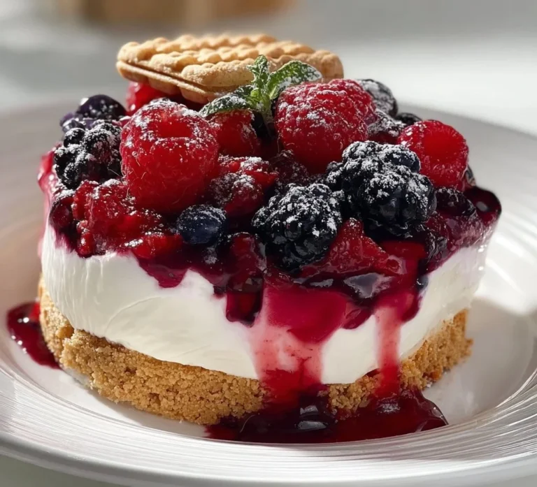 Delicious berry dessert lush with layers of fresh berries and creamy filling