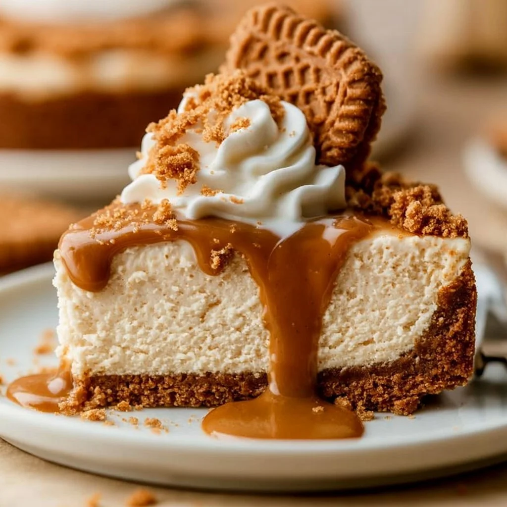 Delicious no-bake Biscoff cheesecake with creamy layers and biscuit topping