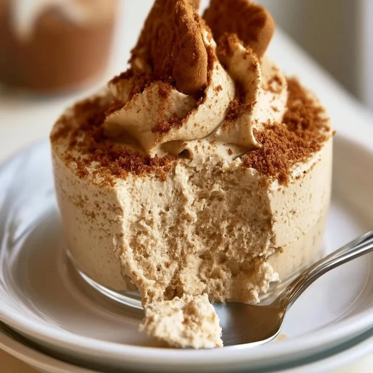 Delicious Biscoff Mousse topped with cookie crumbs in a glass dessert dish