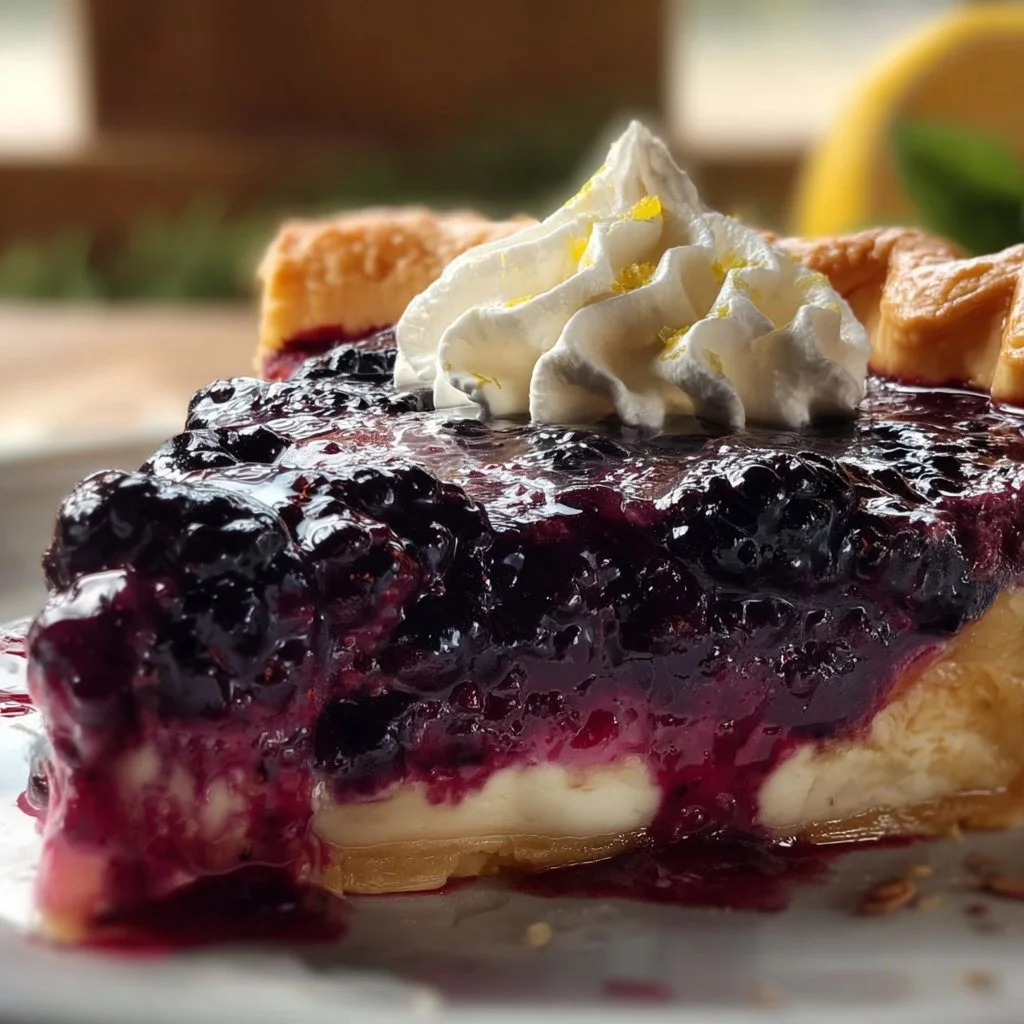 Delicious Blackberry Lemonade Pie topped with fresh blackberries and lemon zest