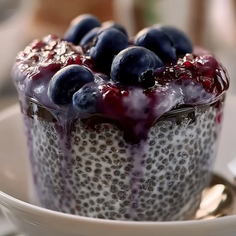 Delicious blueberry coconut chia pudding in a bowl topped with fresh blueberries