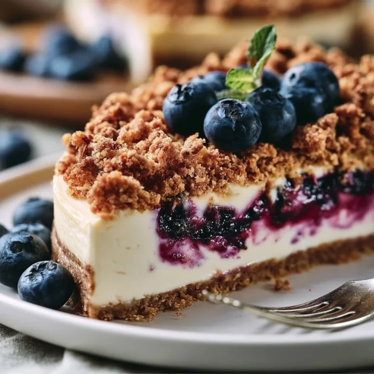 Blueberry crumble cheesecake topped with fresh blueberries and crumbles
