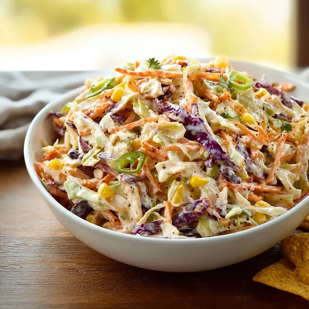 A vibrant bowl of flavor-packed coleslaw featuring colorful veggies and dressing.