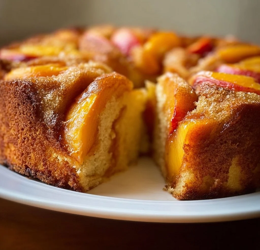 Slice of brown sugar peach cake topped with fresh peaches and whipped cream