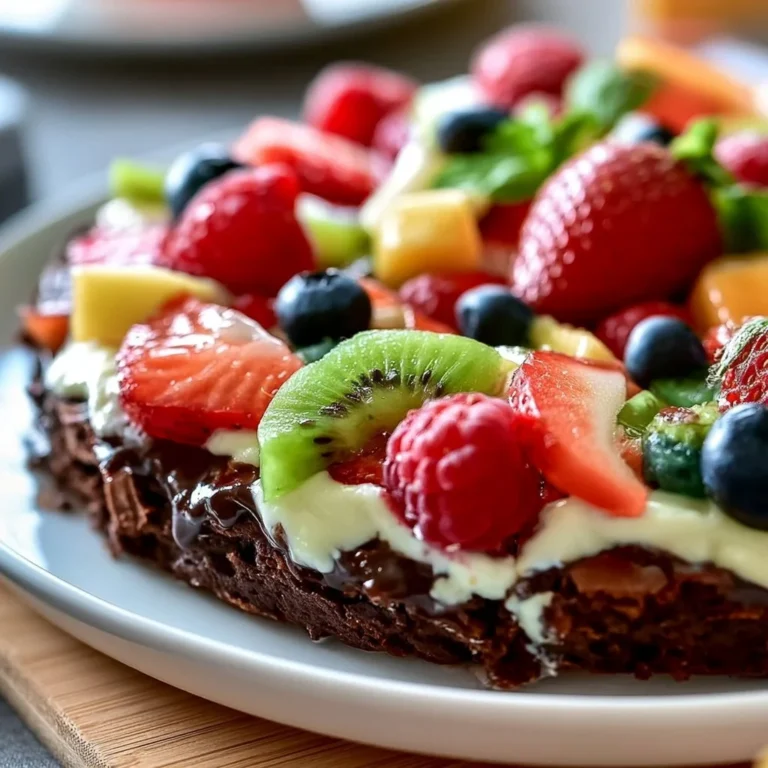 Delicious brownie fruit pizza topped with fresh fruits and whipped cream.