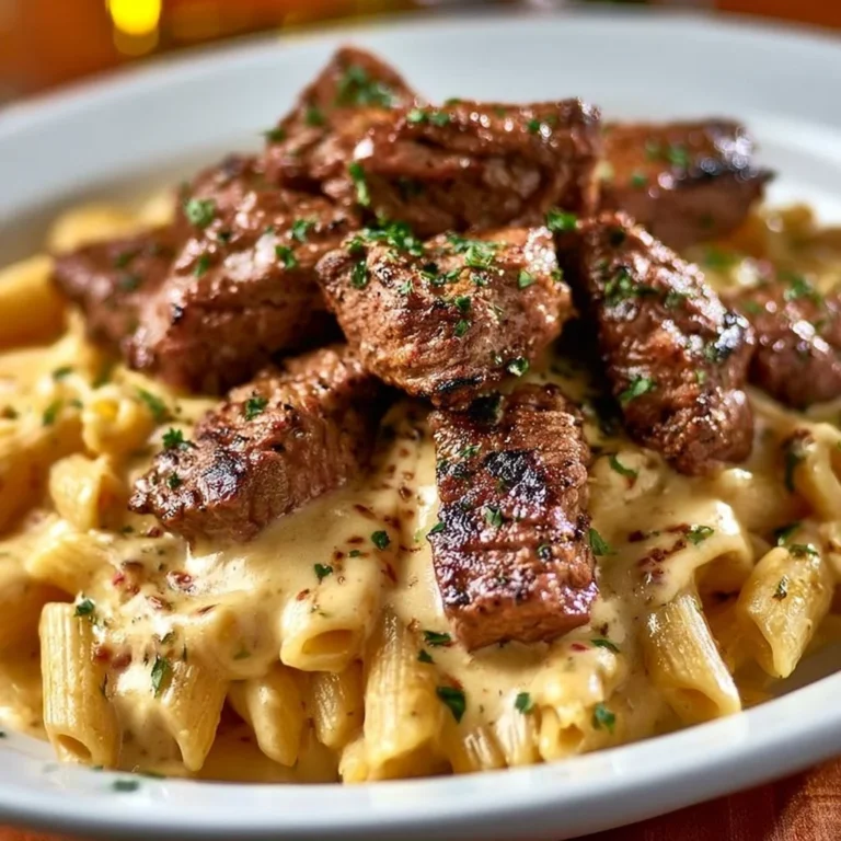 Cajun Steak Tips served with Penne Pasta in a creamy Parmesan cheese sauce