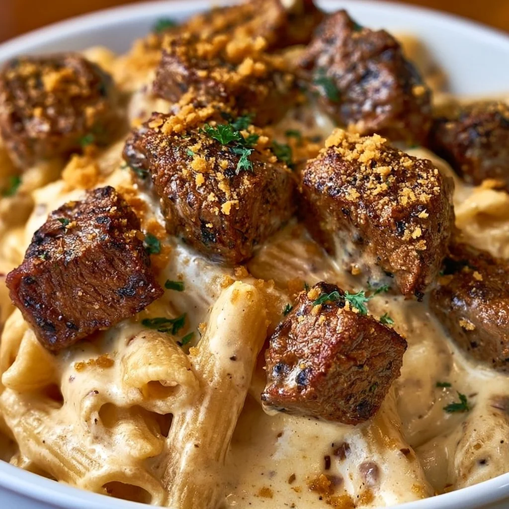 Cajun Steak Tips with Penne Pasta in Creamy Parmesan Cheese Sauce