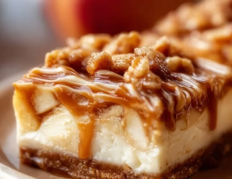 Delicious caramel apple cheesecake bars topped with caramel sauce and apple slices