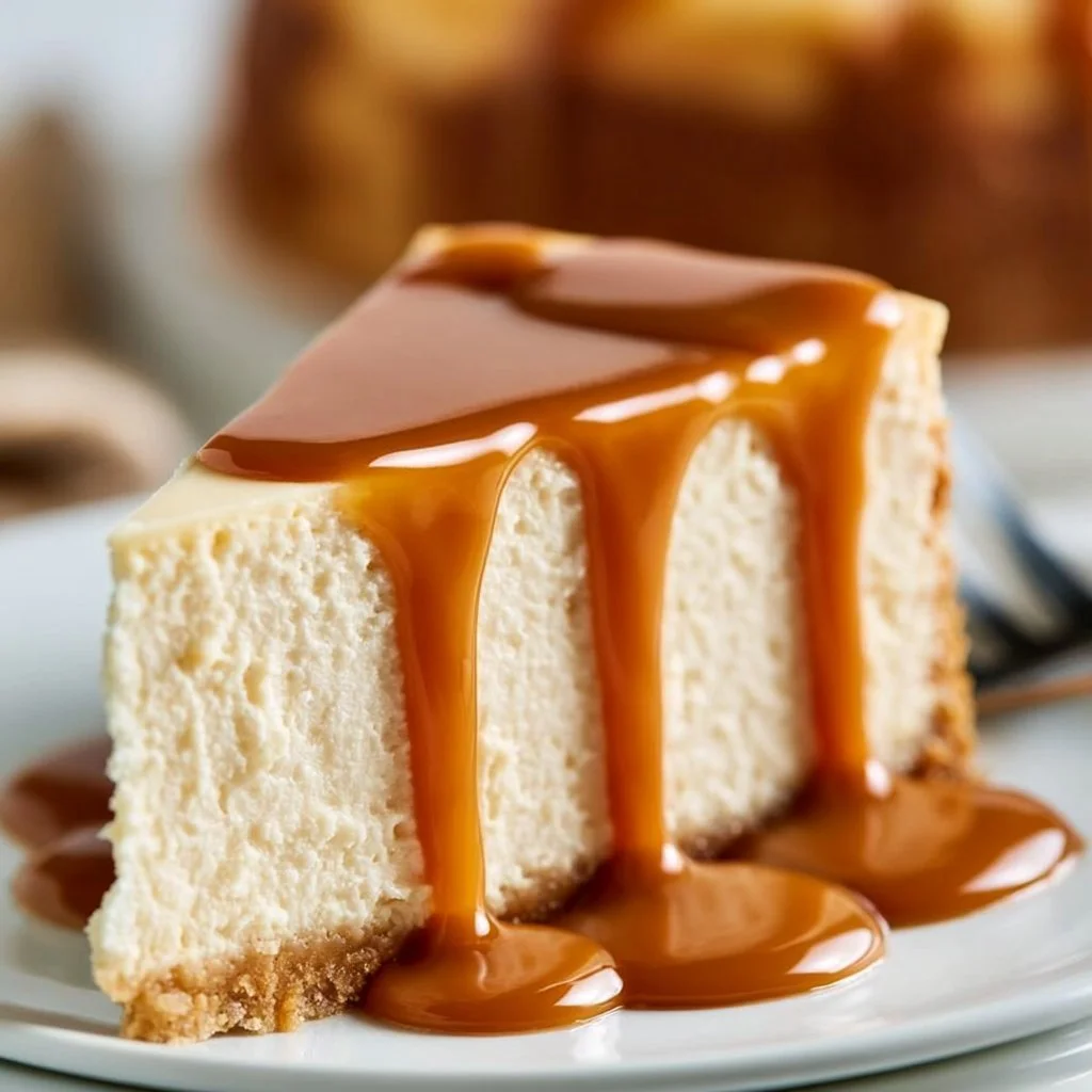 Delicious caramel drip cheesecake topped with rich caramel sauce.