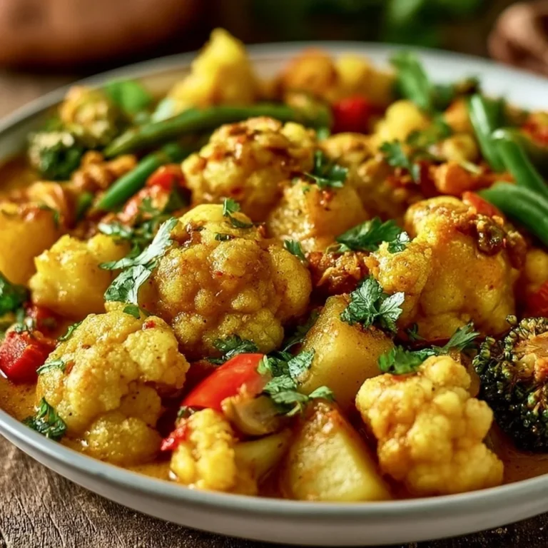 Hearty Cauliflower Potato Curry with spices and herbs served in a bowl
