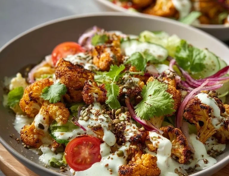 Delicious Cauliflower Shawarma Bowls served with fresh toppings and sauces.