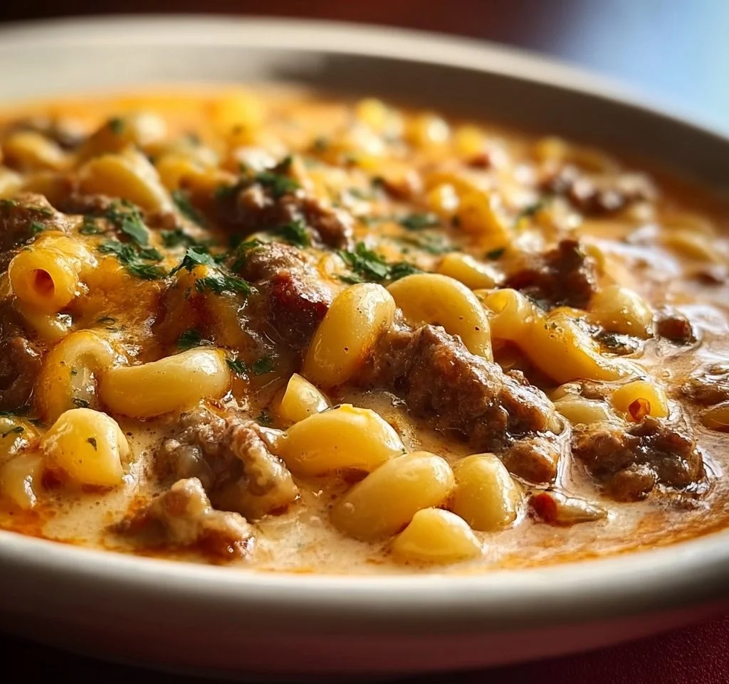 Delicious Cheeseburger Macaroni Soup garnished with cheese and herbs