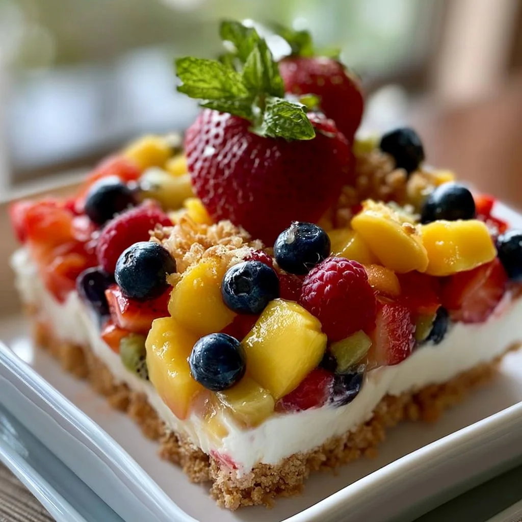 Delicious cheesecake fruit salad with fresh fruits and creamy topping