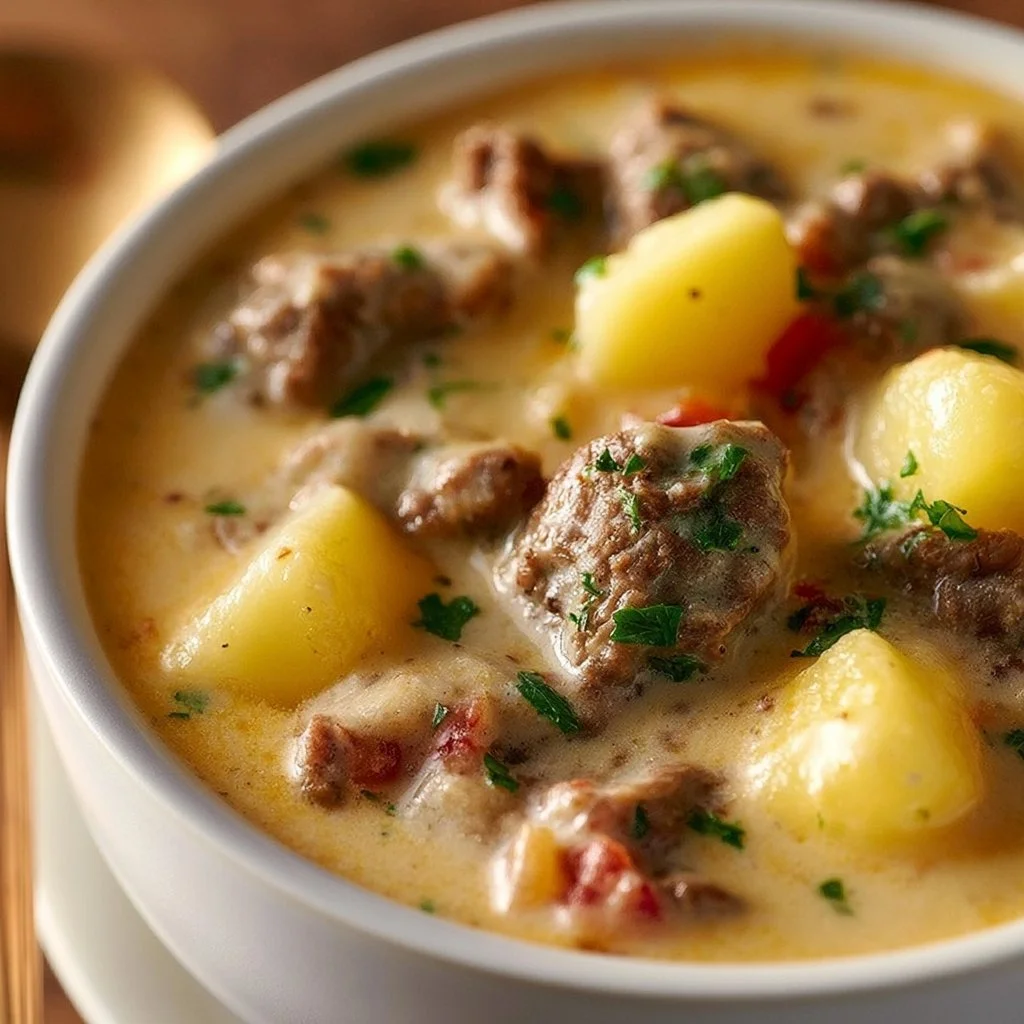 Delicious bowl of cheesy beef and potato soup garnished with herbs.