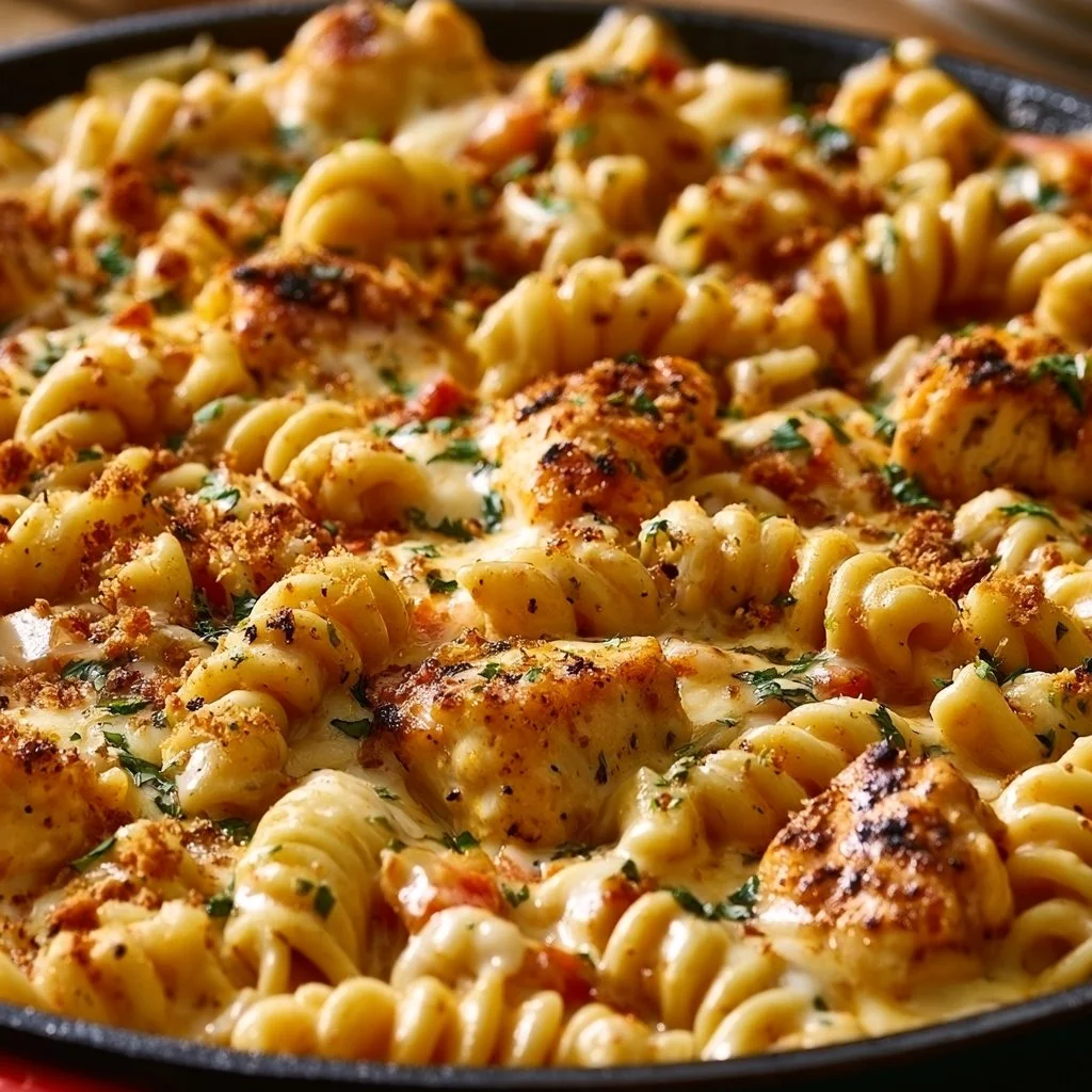 High Protein Cheesy Cajun Garlic Chicken Rotini Skillet
