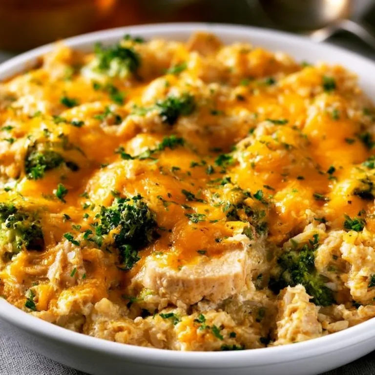 Cheesy chicken and rice casserole served in a baking dish