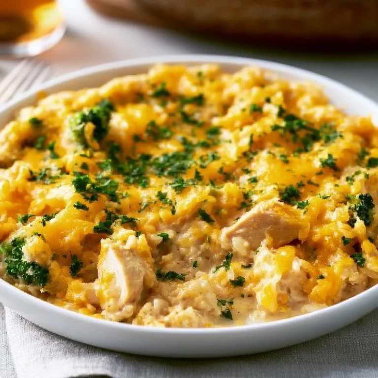 Cheesy Chicken and Rice Casserole served in a baking dish with melted cheese