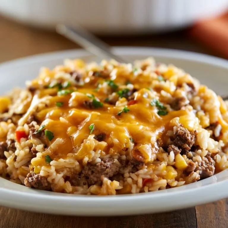 Cheesy Ground Beef and Rice Casserole served in a baking dish with melted cheese