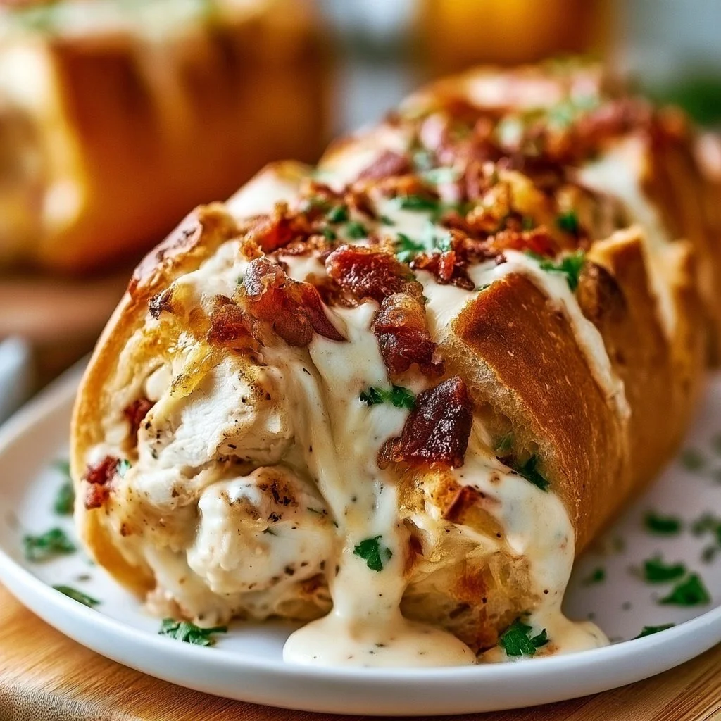 Delicious Chicken Bacon Ranch Stuffed Bread freshly baked and ready to serve.