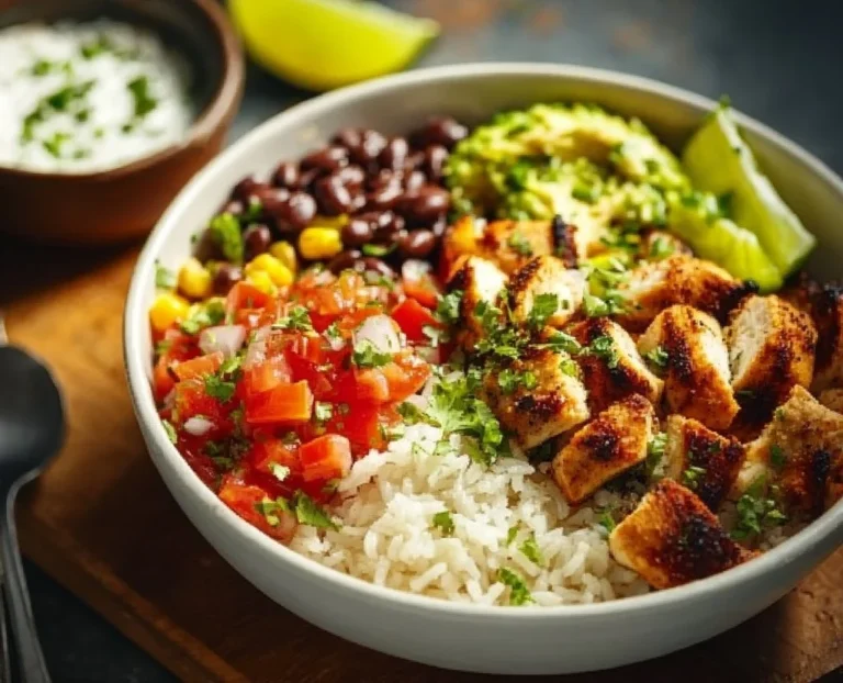 Delicious chicken burrito bowl topped with fresh ingredients for a tasty meal