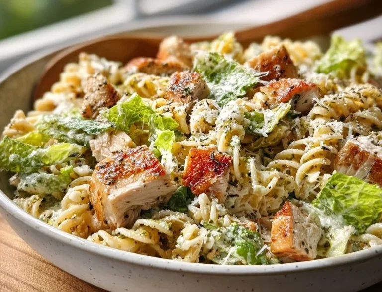 Delicious Chicken Caesar Pasta Salad with creamy dressing, grilled chicken, and romaine lettuce