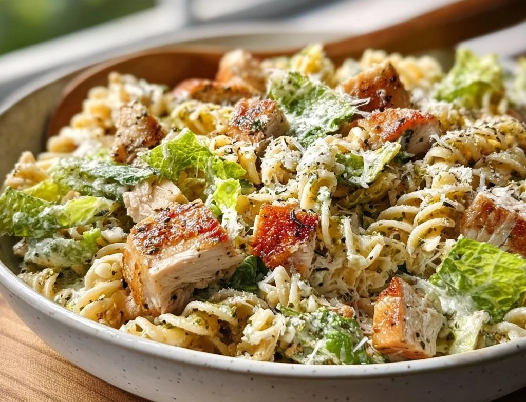 Delicious Chicken Caesar Pasta Salad with creamy dressing, grilled chicken, and romaine lettuce