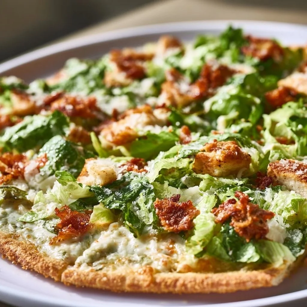 Image of Chicken Caesar Salad Pizza topped with romaine, chicken, and dressing.